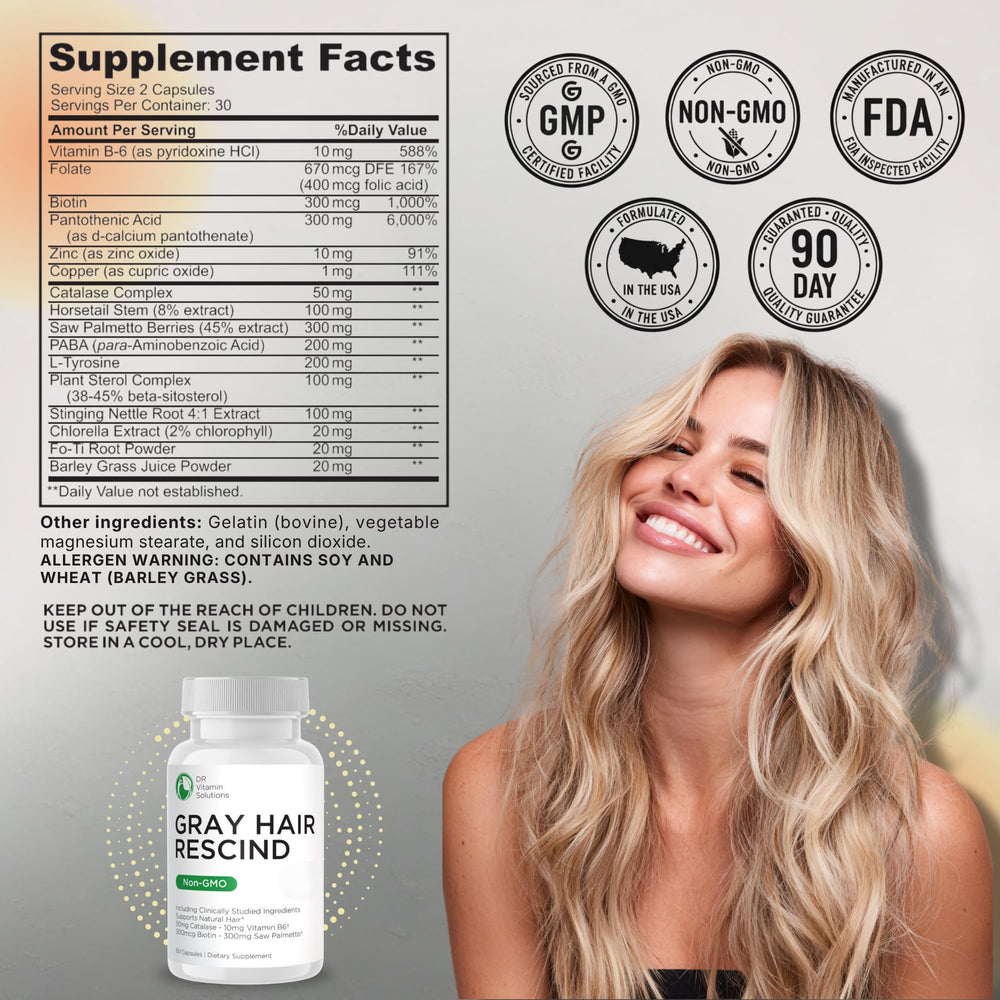 DR VITAMIN SOLUTIONS Gray Hair Rescind capsules shown for daily use with meals.