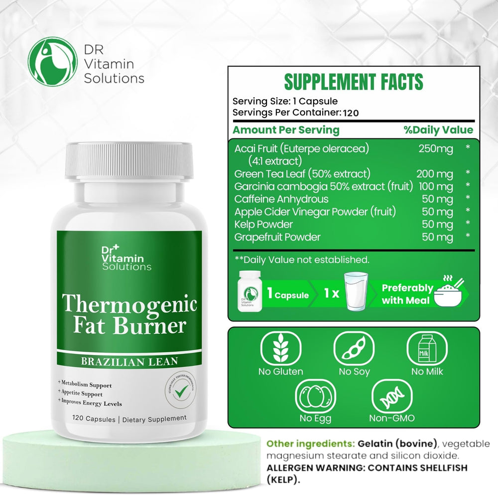 Dr Vitamin Solutions bottle showing Thermogenic Fat Burner label for convenient daily use.