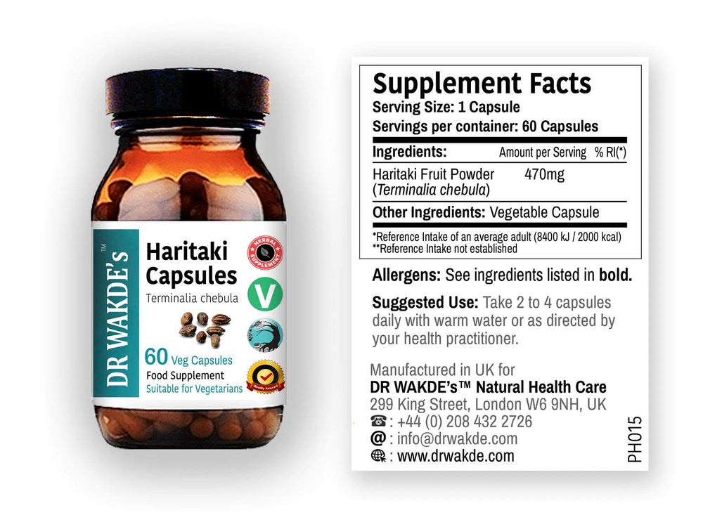 DR WAKDE'S Haritaki tea in cup suggests easy ingestion with hot water.
