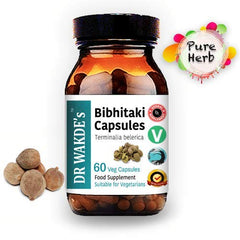 DR WAKDE'S Bibhitaki capsules pour view highlights easy-to-take 500 mg herbal cap.
