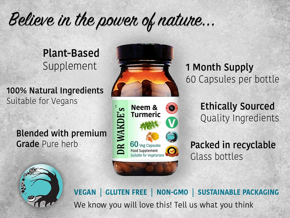 DR WAKDE'S Neem leaves and turmeric root imagery, Ayurvedic heritage.