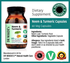 DR WAKDE'S Neem & Turmeric capsules closeup, pure herbal blend.