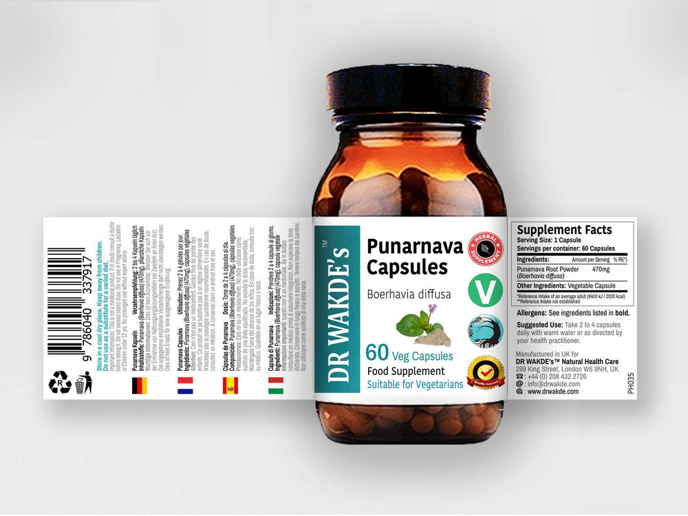DR WAKDE'S Punarnava capsules packaging emphasizes ethical, family-run sourcing.