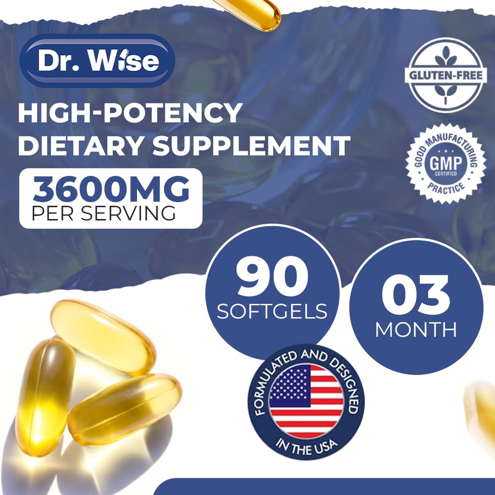 Dr. Wise non-GMO label closeup signaling pure omega-3 supply.
