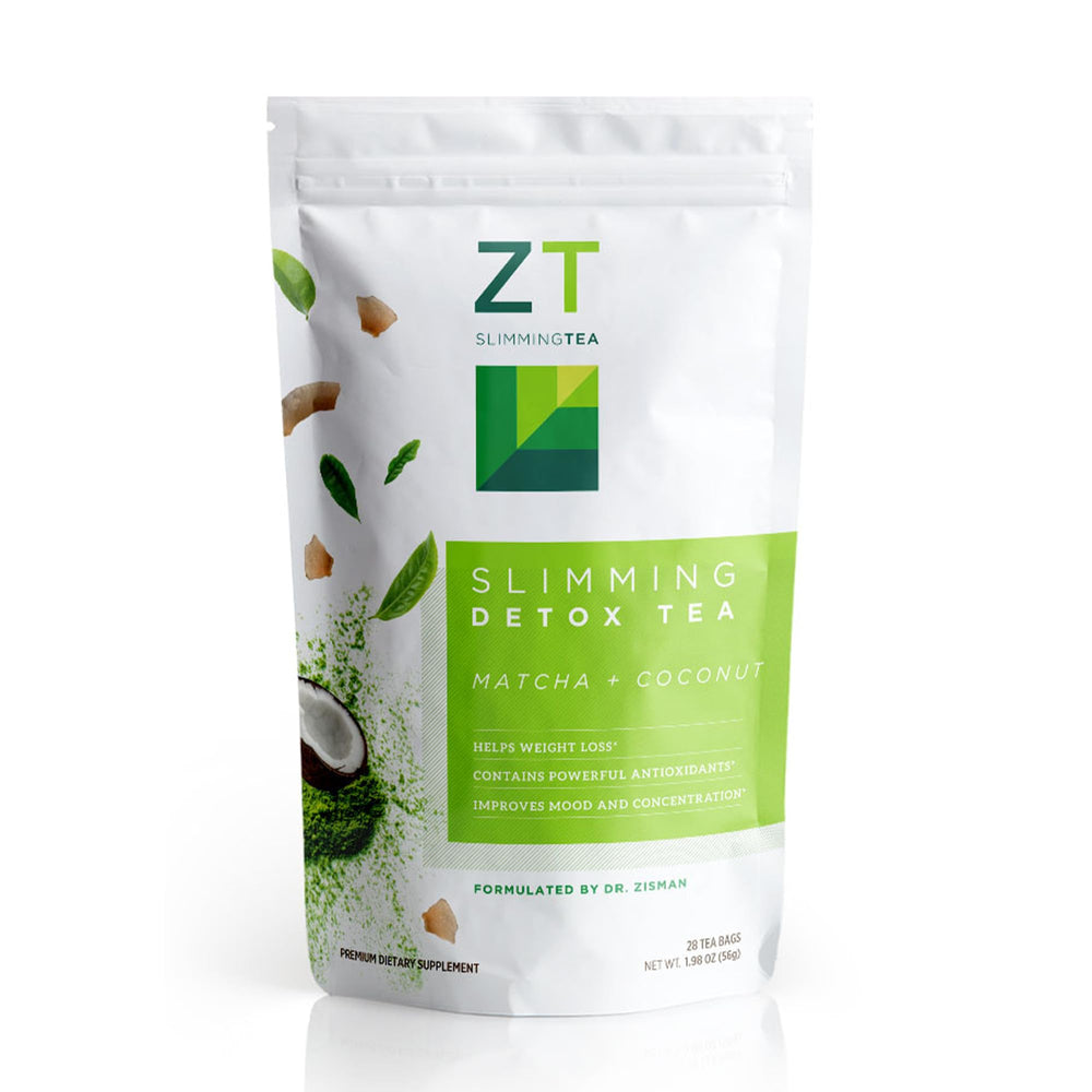 Dr. Zisman ZT Slimming Tea in a steaming cup shows the matcha coconut blend for antioxidants.