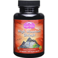 Dragon Herbs High Mountain Shilajit capsules closeup for daily vitality support.