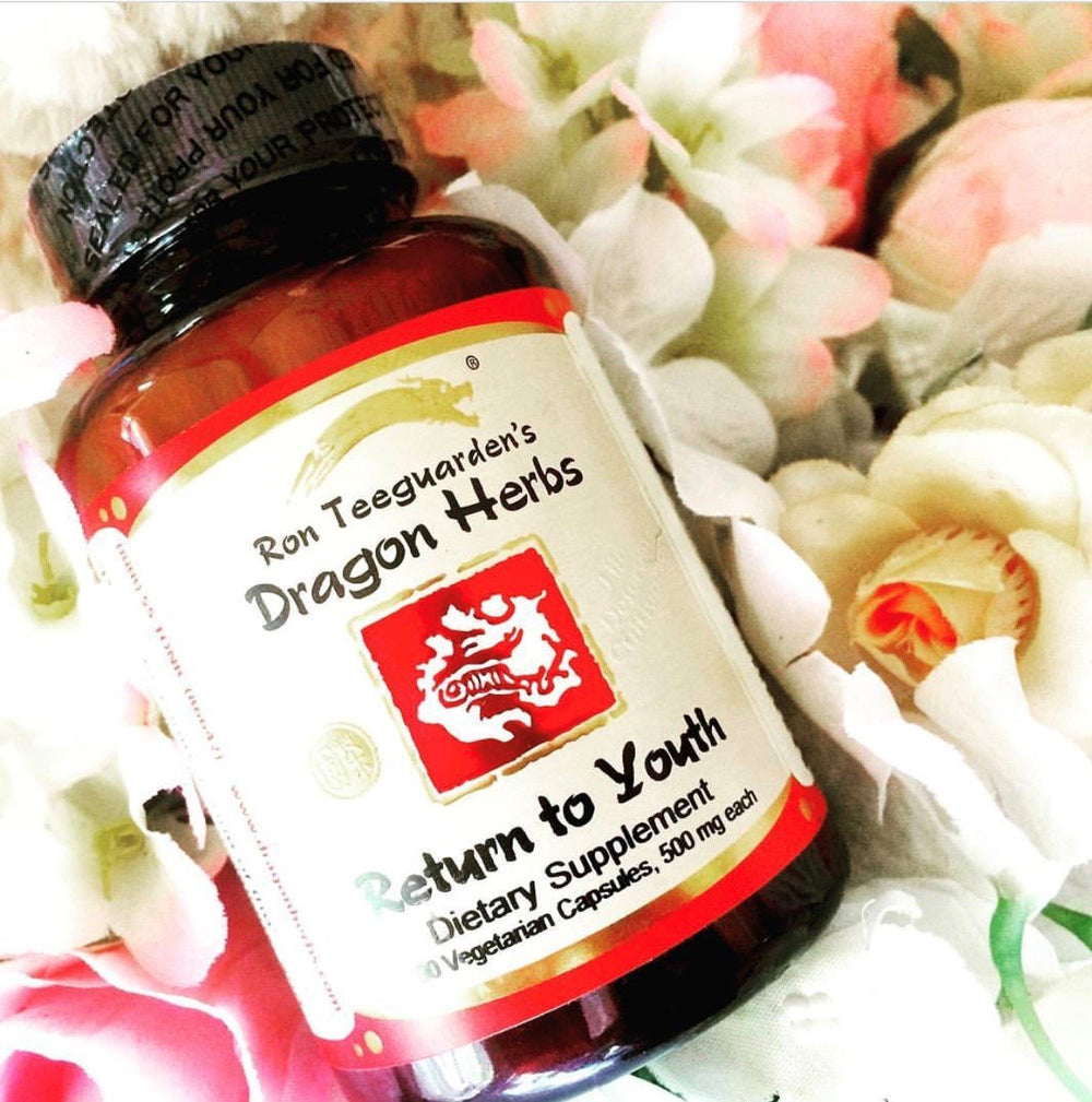 Dragon Herbs Return to Youth ingredients close-up reveal a rich herbal blend for balanced energy.