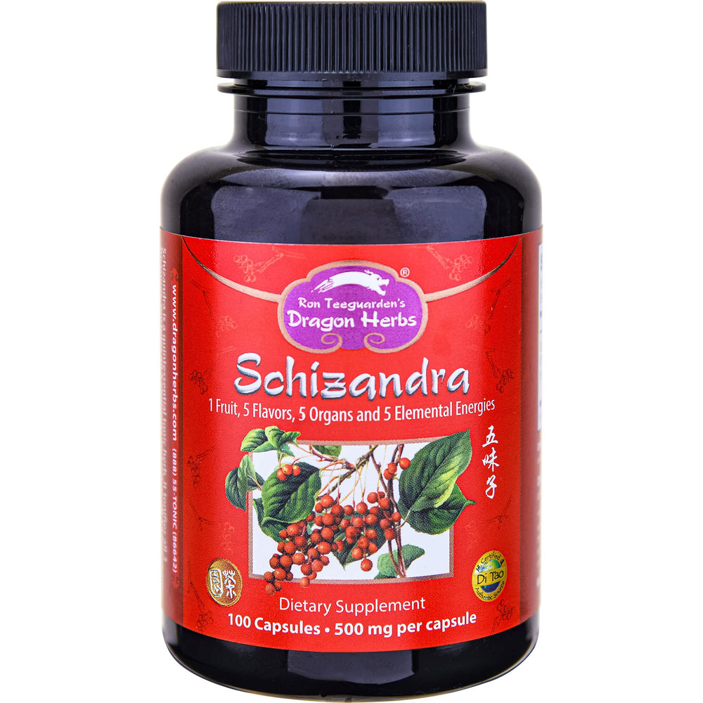 Dragon Herbs Schizandra capsules bottle supports easy daily energy.