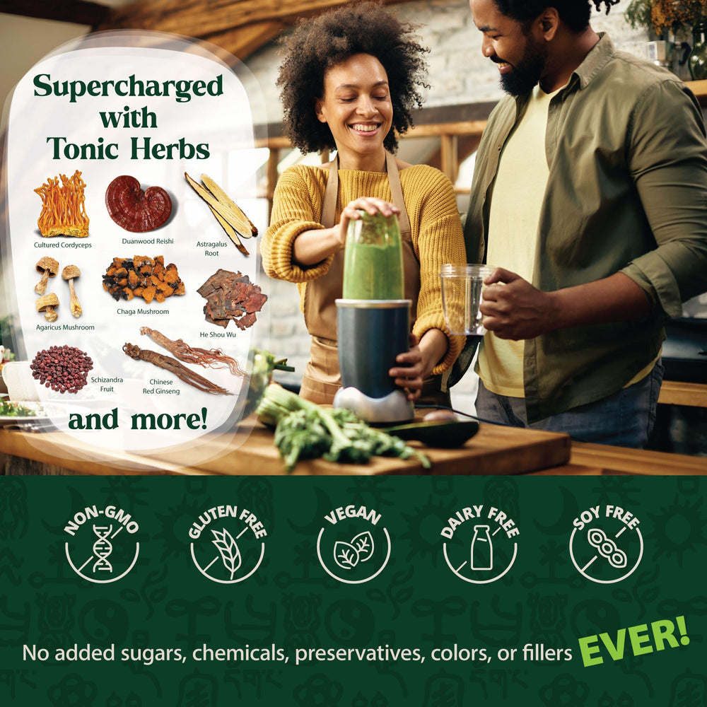 Dragon Herbs Tonic Alchemy glass blender ready for a nutrient-rich shake