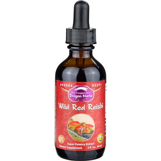 Dragon Herbs Wild Red Reishi Drops bottle shown for daily wellness support.
