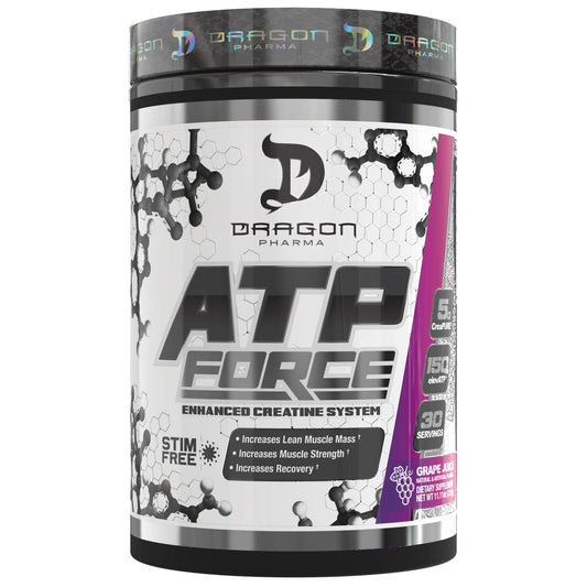 Dragon Pharma ATP FORCE bottle being poured, ready for pre-workout hydration.