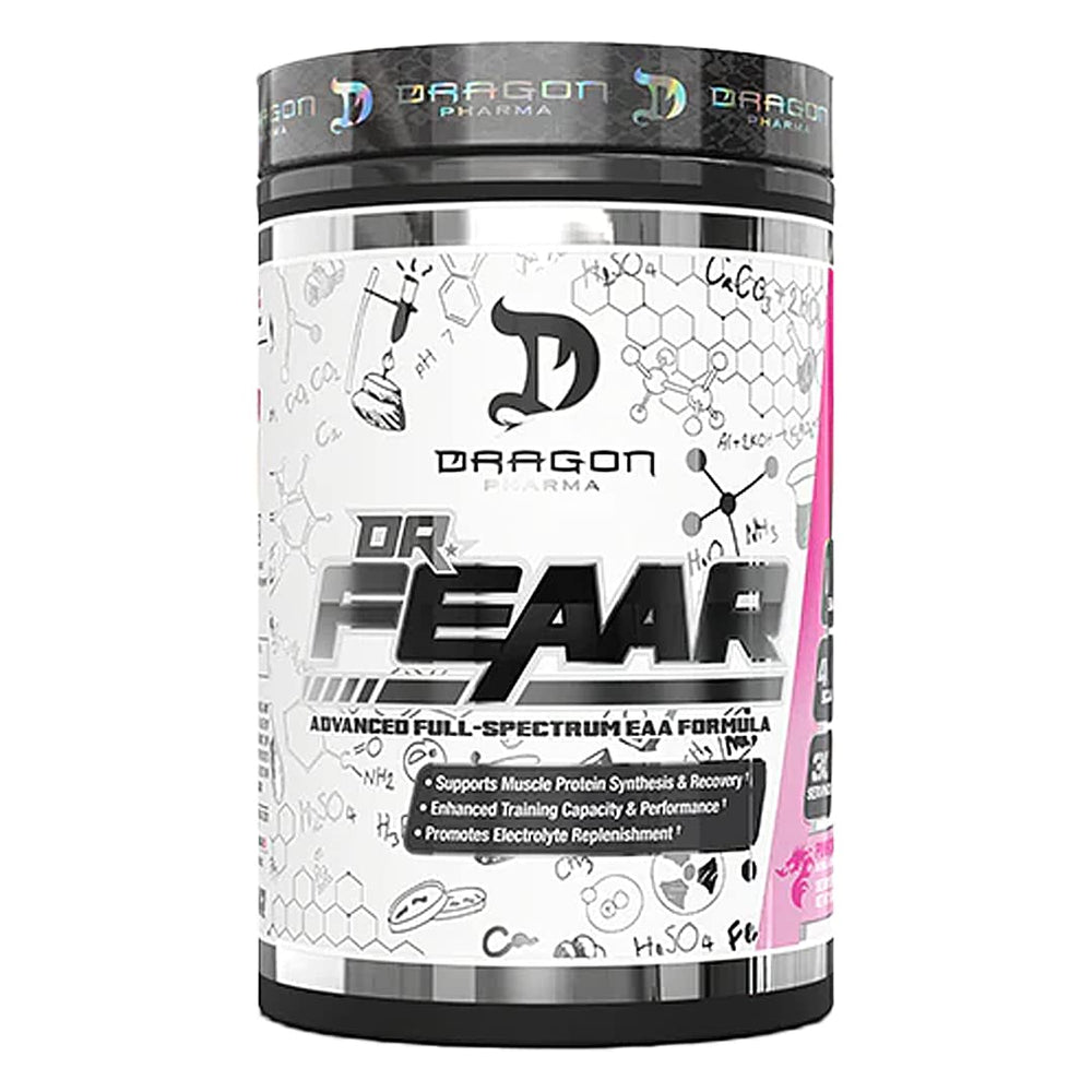 DRAGON PHARMA Dr. FEAAR full-spectrum EAA bottle shows a complete amino acid matrix for athletes
