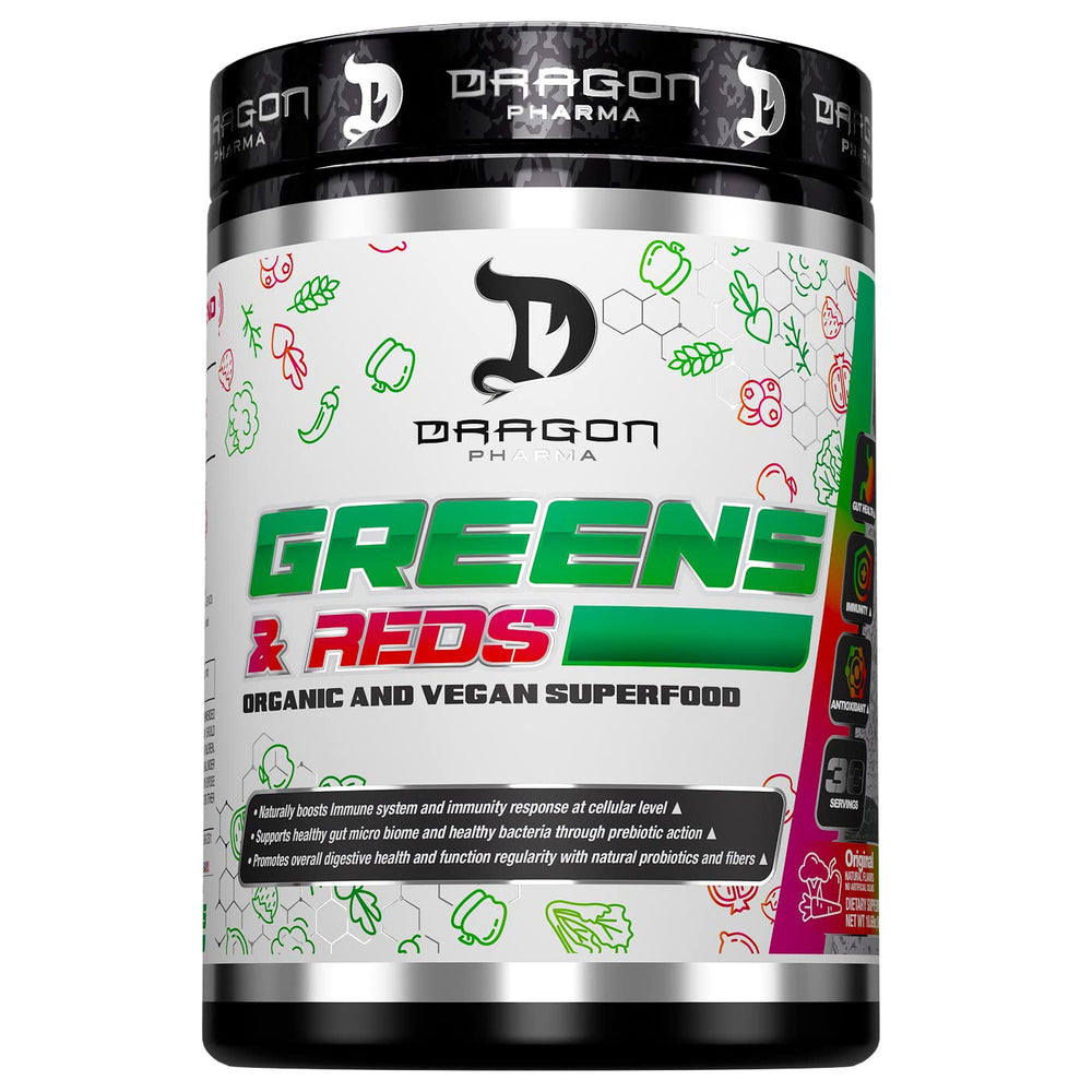 Dragon Pharma Greens and Reds tub front, home nutrition solution for daily wellness.