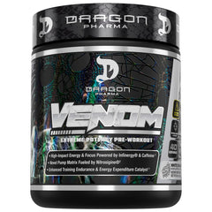 Dragon Pharma Venom Extreme bottle close-up for high-energy pre-workout use.