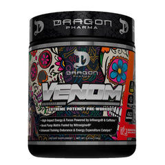 DRAGON PHARMA Venom Extreme bottle front signals intense pre-workout energy.