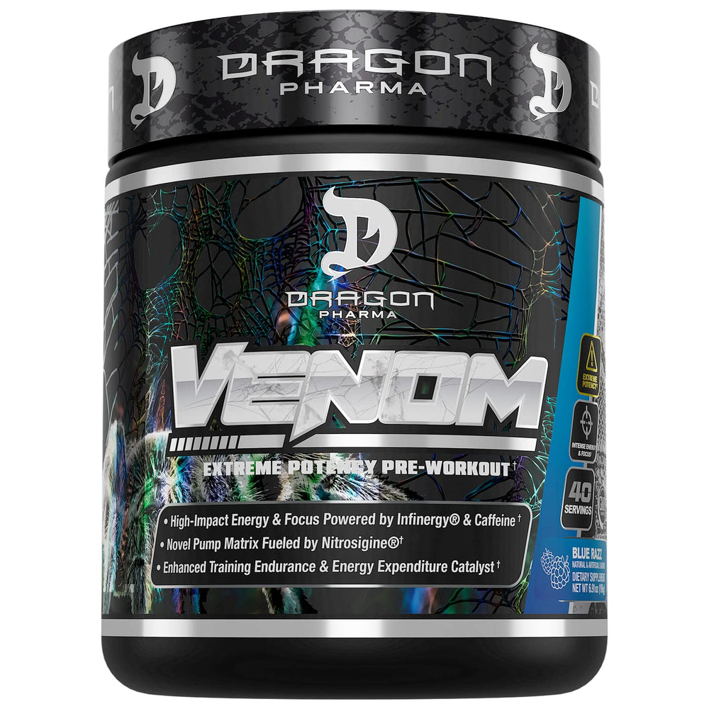 Dragon Pharma Venom Extreme pre-workout bottle with scoop for focused training sessions