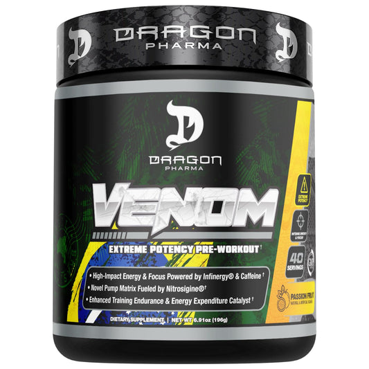 DRAGON PHARMA Venom extreme potency bottle ready for pre-workout energy boost.