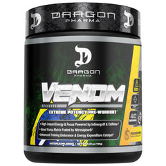 DRAGON PHARMA Venom extreme potency bottle ready for pre-workout energy boost.