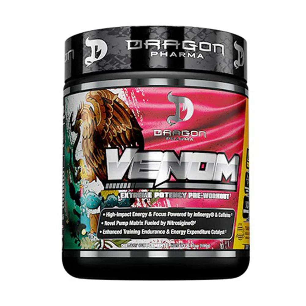 Dragon Pharma Venom Extreme pre-workout bottle in Tamarindo Aqua Fresca flavor for intense training sessions