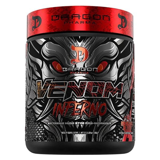 Dragon Pharma Venom Inferno front label highlighting high-stim formula for explosive workouts