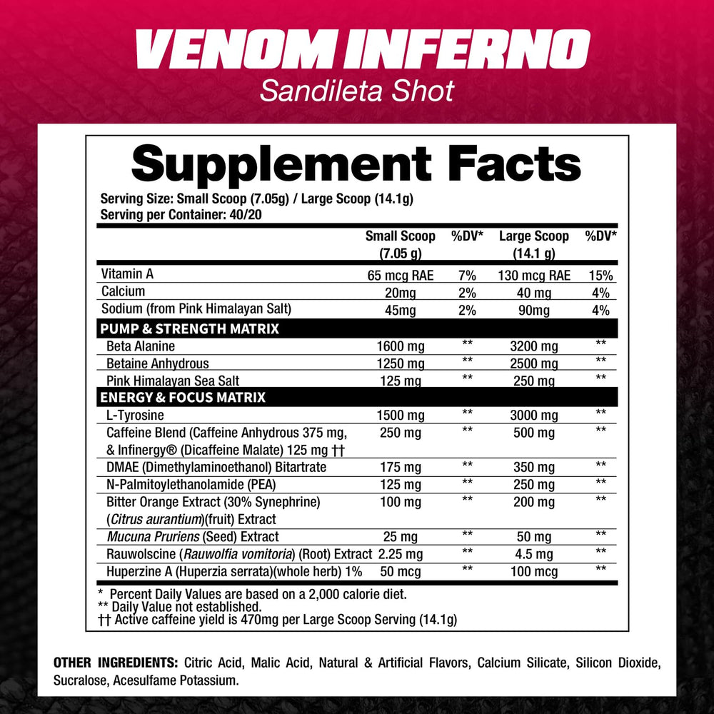 Scoop of Venom Inferno beside a glass of water for a pre-workout boost.