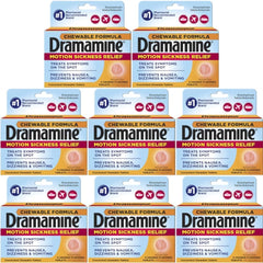 Dramamine chewable motion sickness relief bottle shown for fast on the go relief