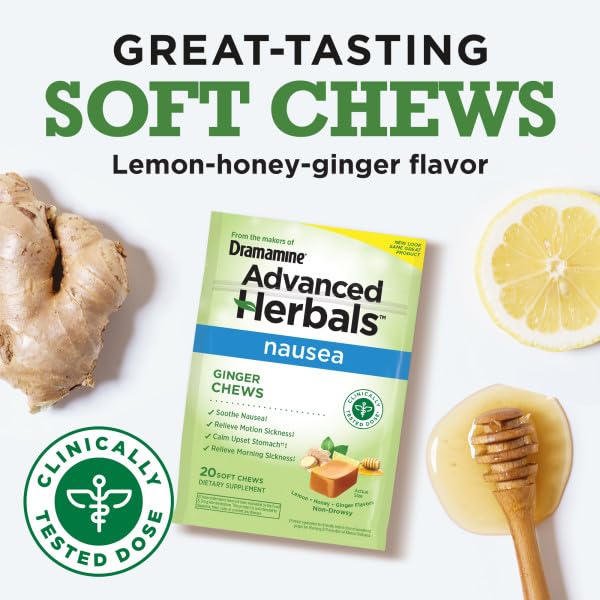Dramamine Ginger Chews 6-years-and-up use case image communicates family-friendly nausea relief.