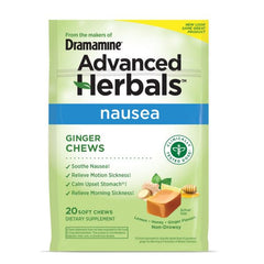 Dramamine Ginger Chews lemon honey flavor closeup highlights tasty, non-drowsy nausea support.