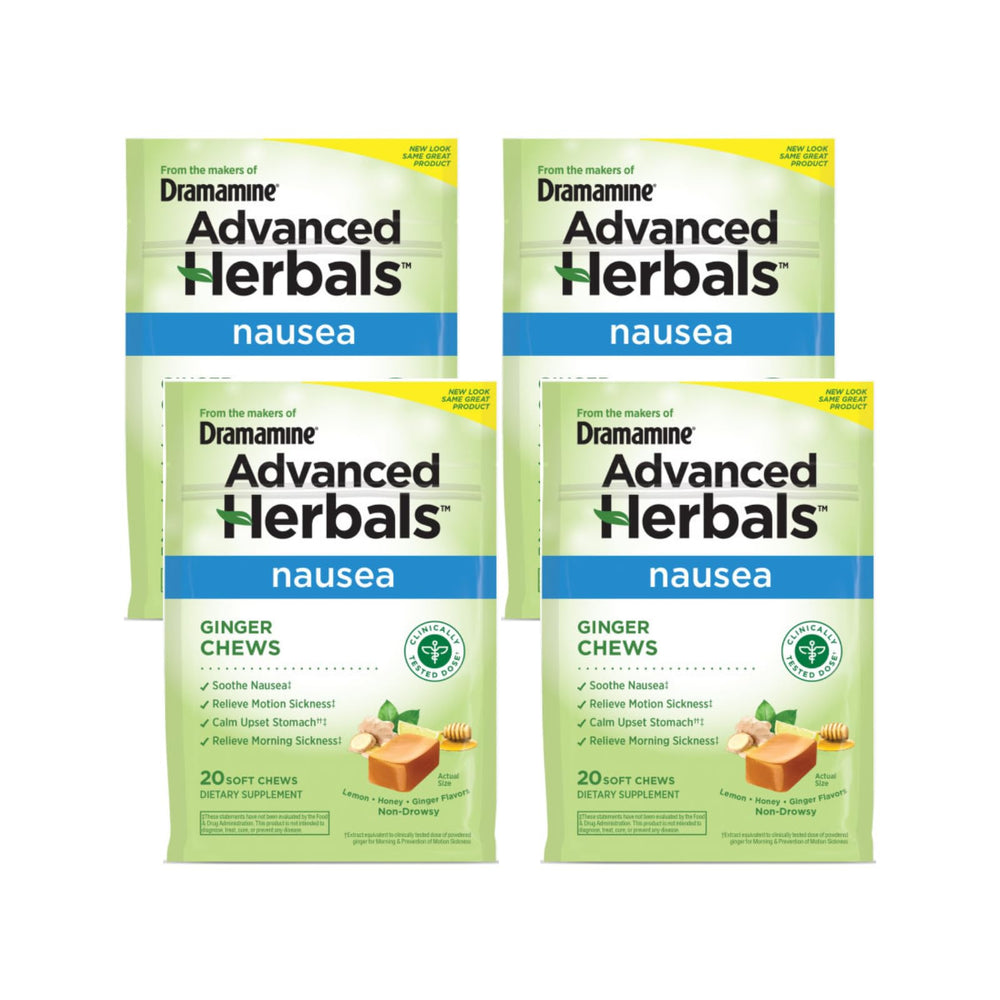 Dramamine Ginger Chews packaging front shows the product for quick nausea relief on the go.