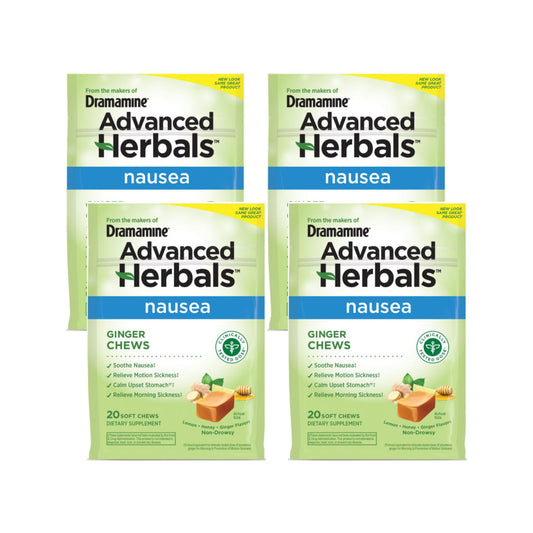 Dramamine Ginger Chews packaging front shows the product for quick nausea relief on the go.