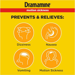 Dramamine orange flavoured tablets shown up close for easy travel relief