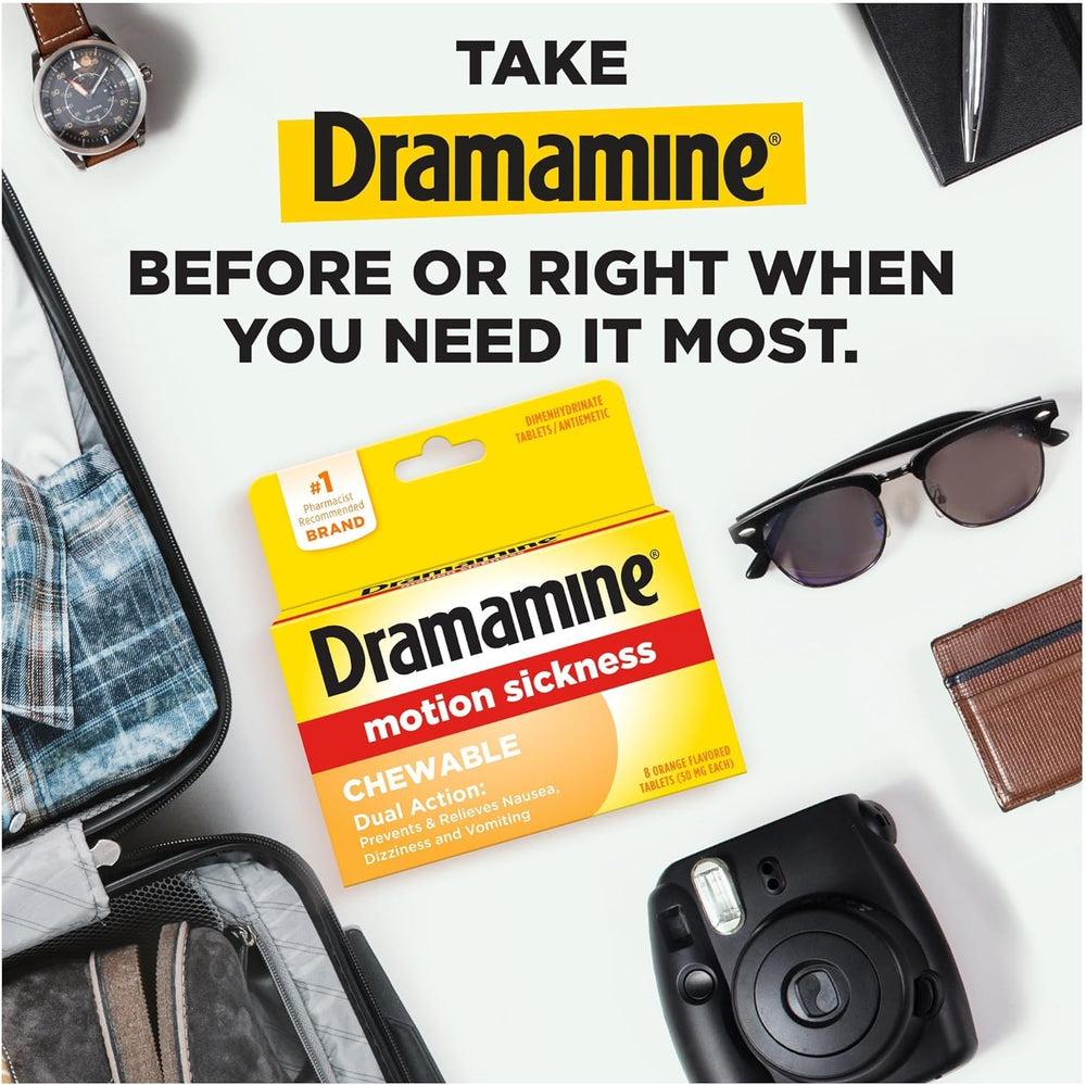 Dramamine eight tablet packaging ready for travel and trips