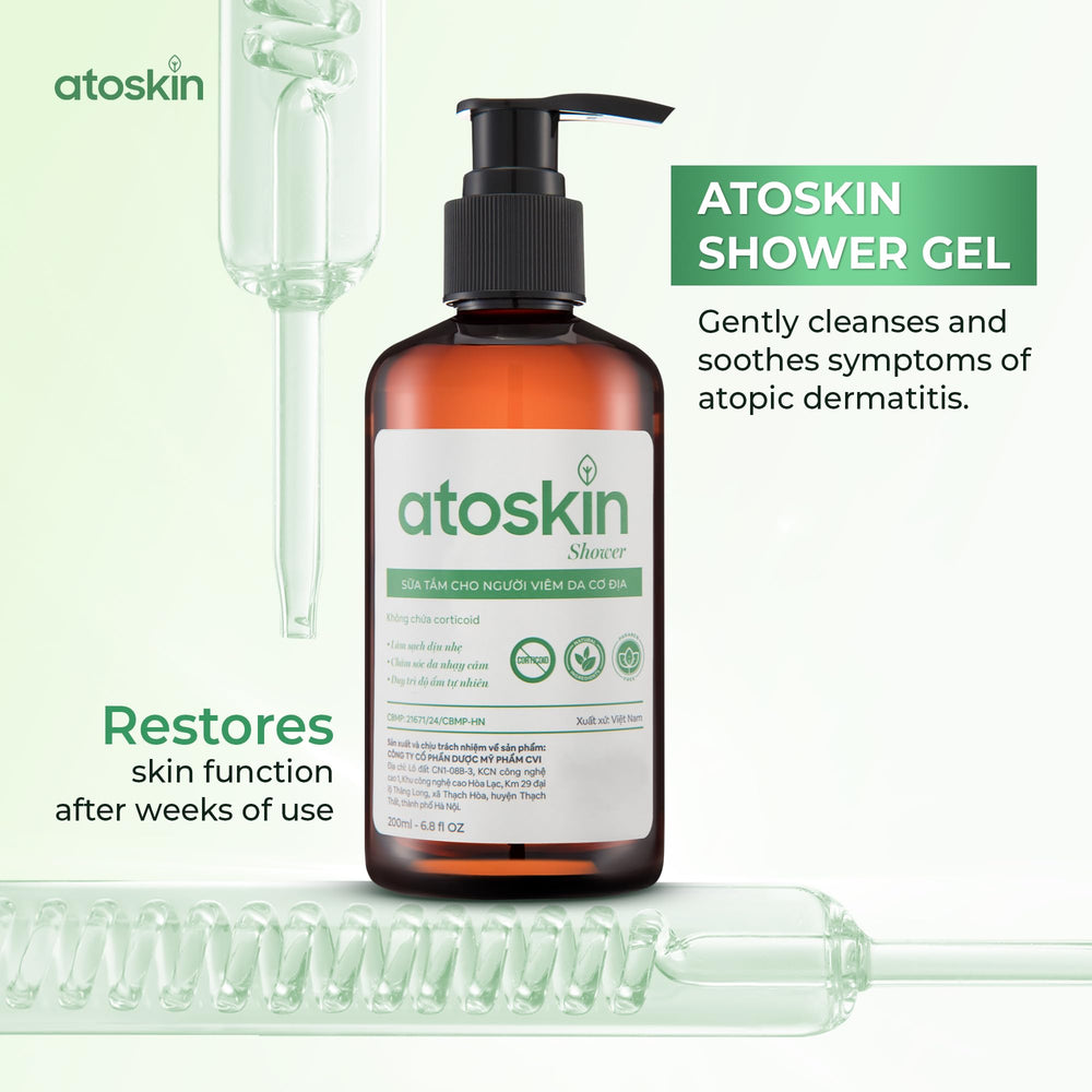 Dratoskin Atoskin shower gel foam closeup with creamy texture for soothing cleanse.