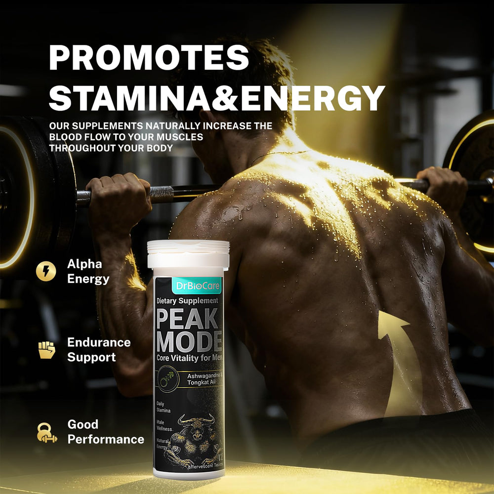 DrBioCare Peak Mode Core Vitality ingredients illustration highlighting Tongkat Ali, Maca, and L-Arginine