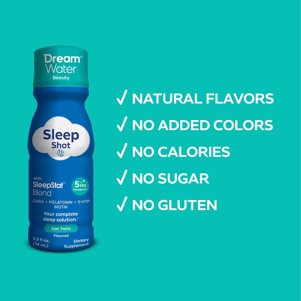 Dream Water Beauty Sleep Shot poured into a glass for easy nighttime use.
