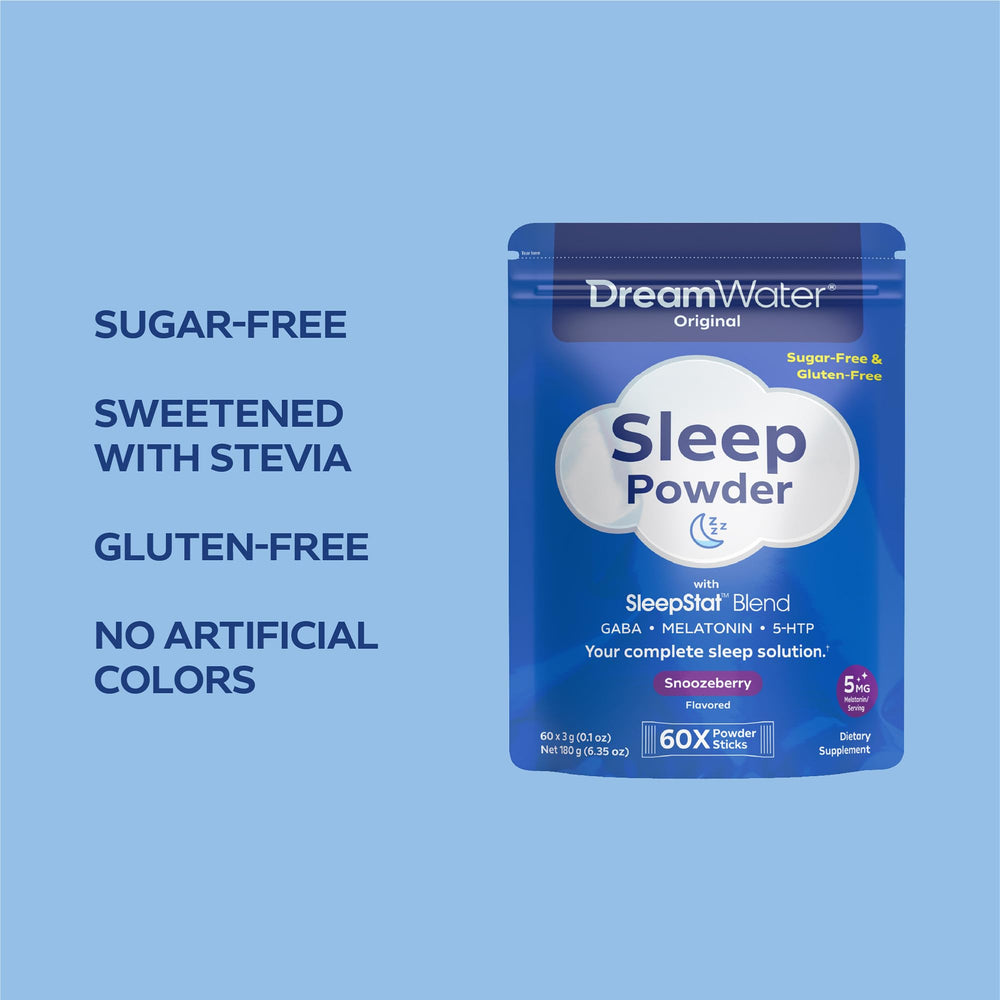 Dream Water gluten-free and sugar-free label on Snoozeberry packaging.