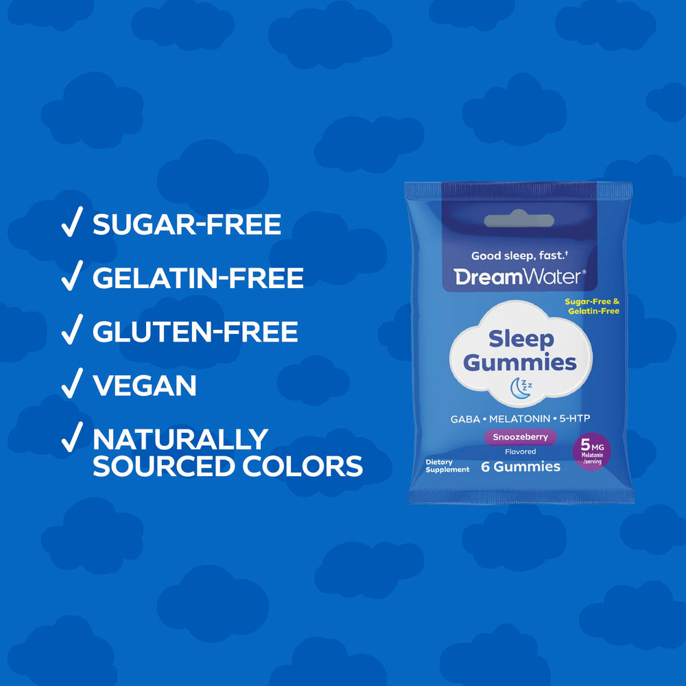Dream Water SleepStat ingredients panel highlights GABA, melatonin, and 5-HTP blend.
