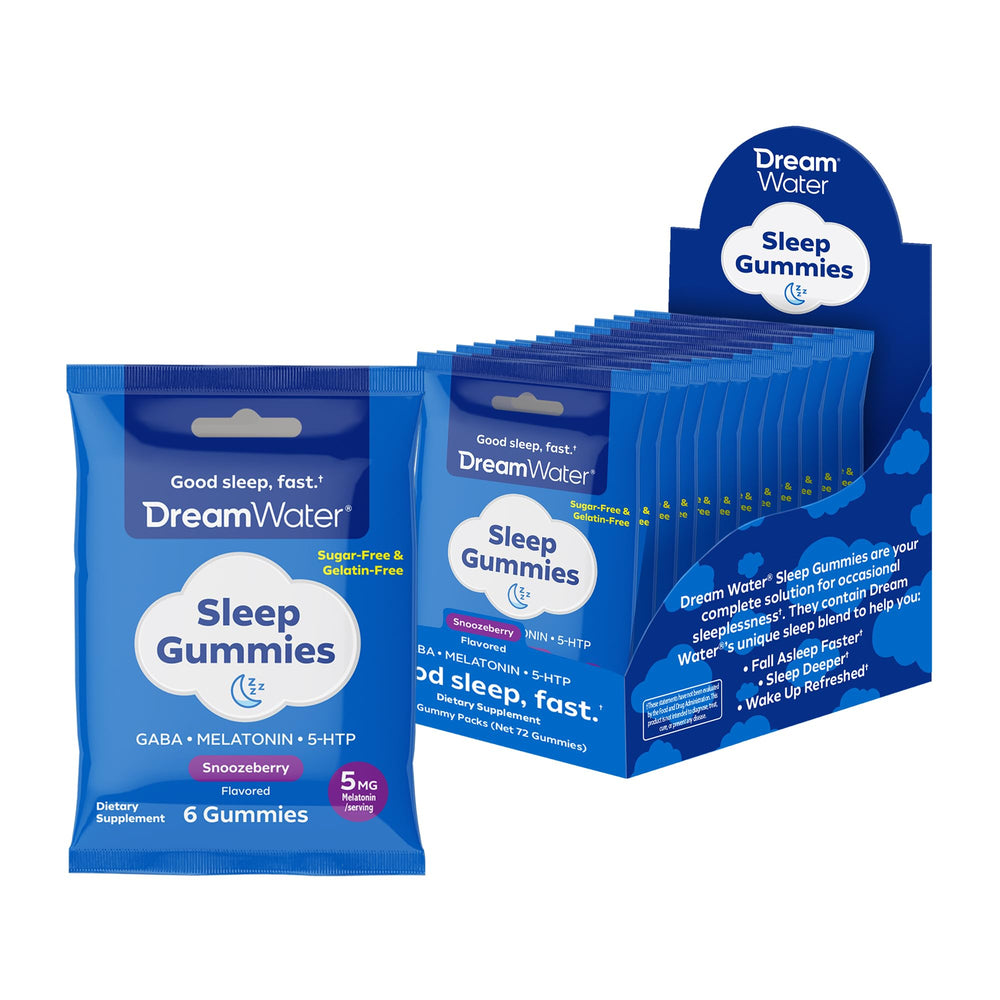 Dream Water Snoozeberry travel pouch showing six gummies for on-the-go sleep support.