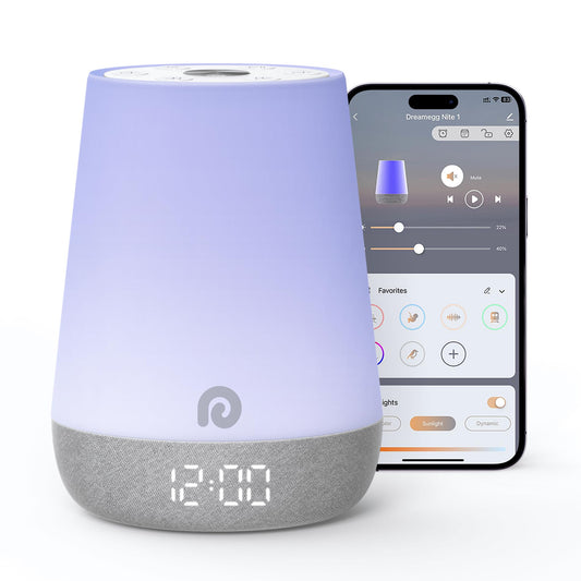 Dreamegg Nite 1 sound machine on a nightstand guiding peaceful bedtime.