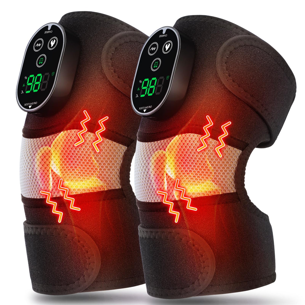 DREAMSOME cordless knee pad on knee provides warming relief.
