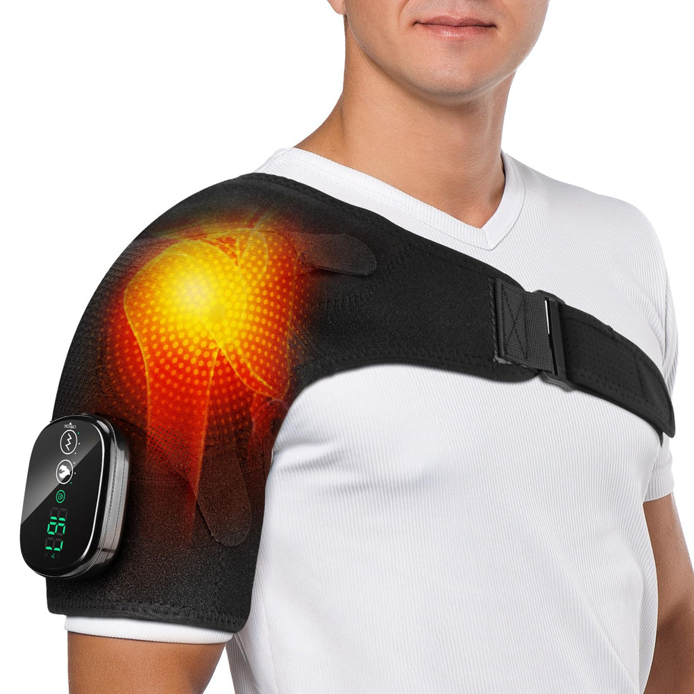 DREAMSOME cordless shoulder heating pad worn on the shoulder for portable warmth.
