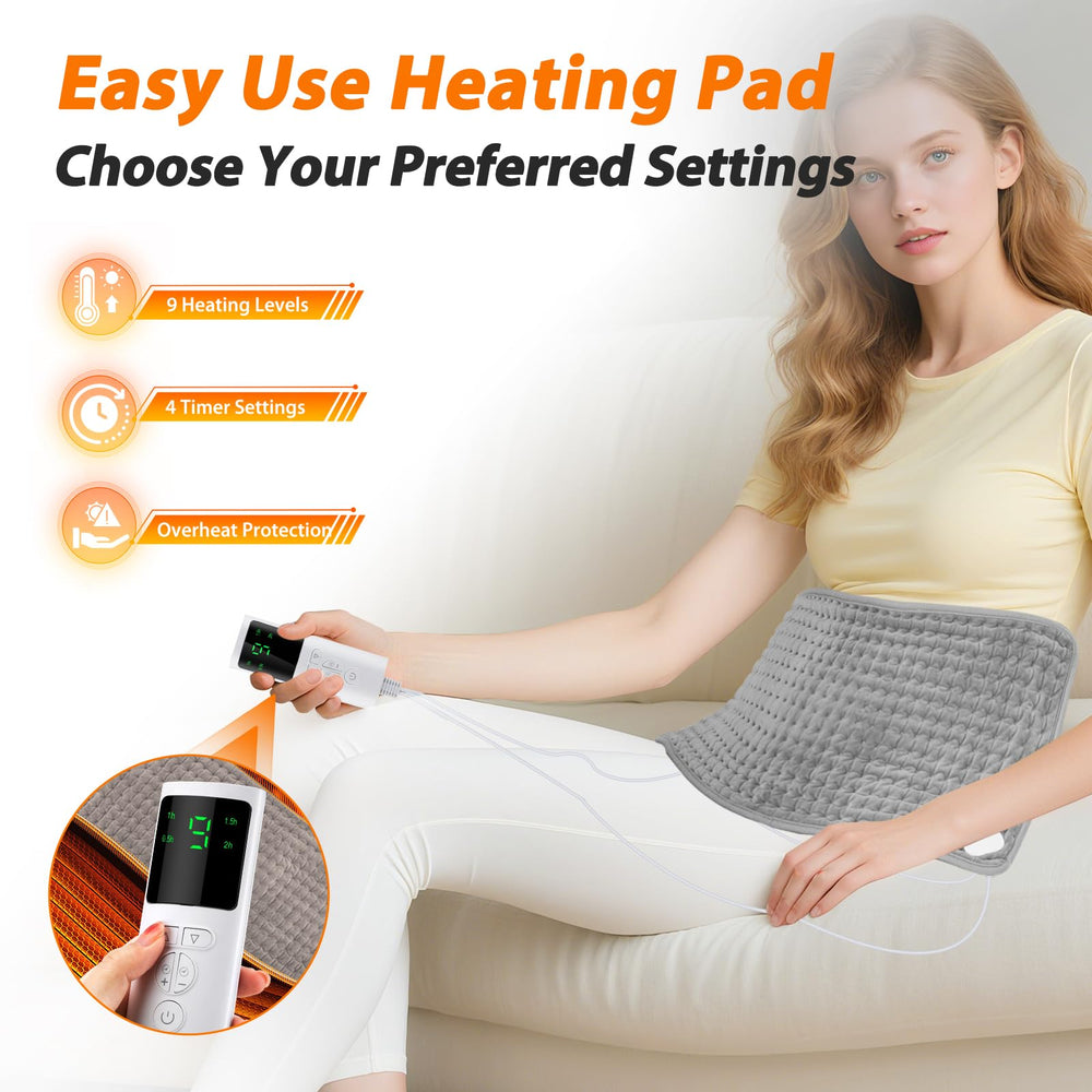 DREAMSOME heating pad control panel shows 9 heat levels and 4 timers for customization