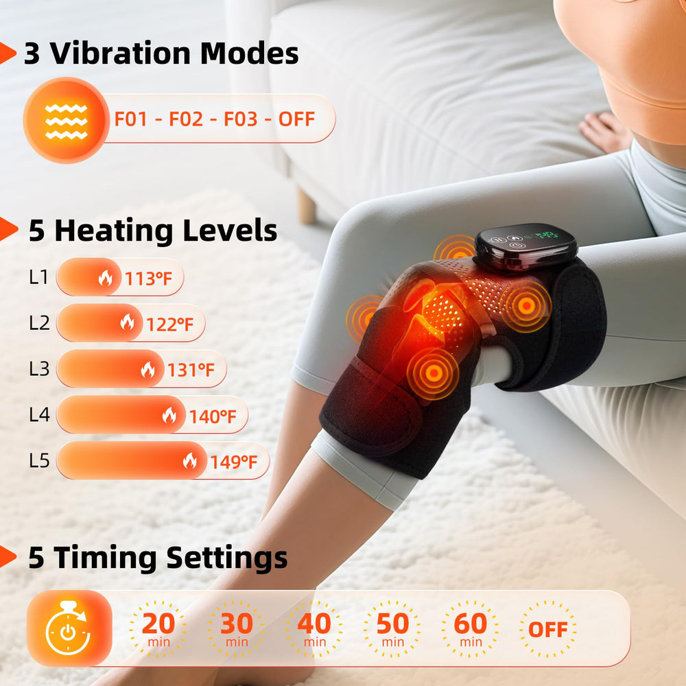 DREAMSOME knee heating pad shows battery indicators for cordless use.