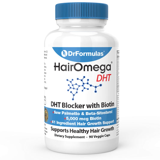 DrFormulas HairOmega DHT Blocker bottle shown for daily hair health.