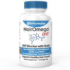 DrFormulas HairOmega DHT Blocker bottle shown for daily hair health.