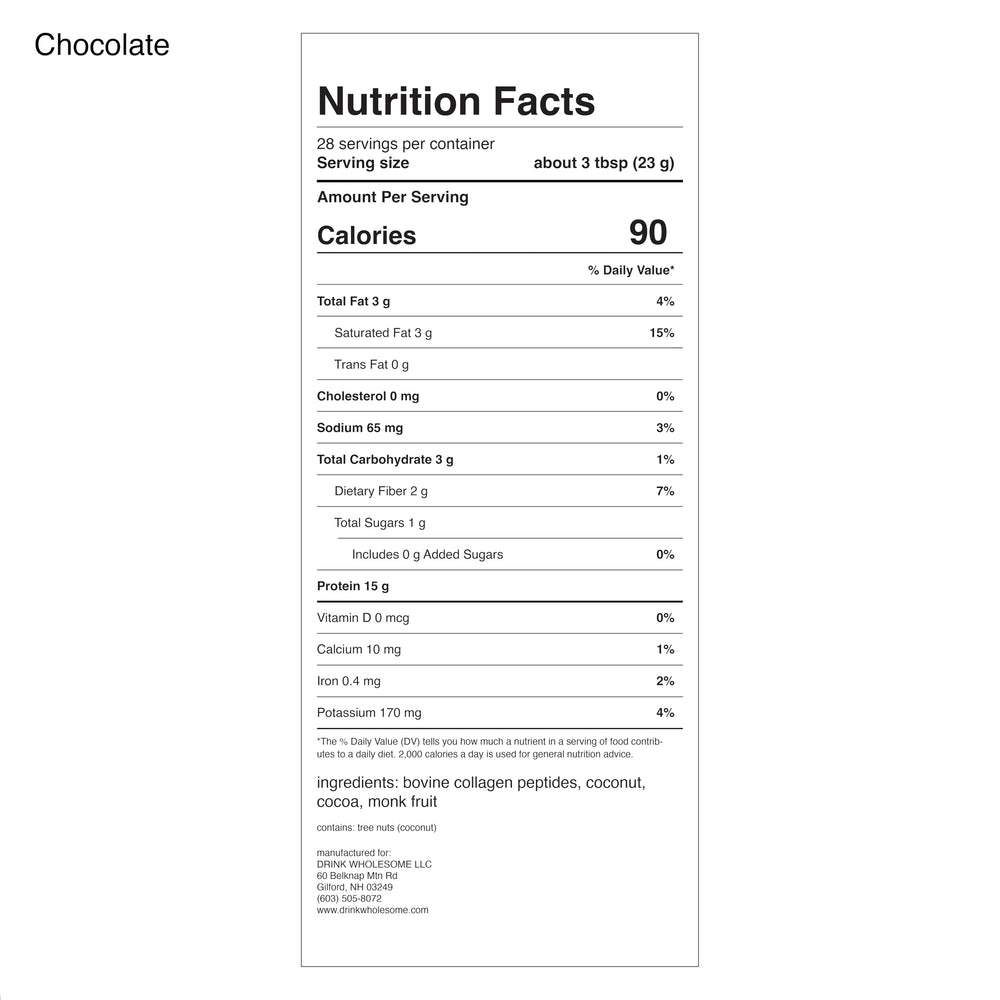 Packaging open of Drink Wholesome chocolate collagen powder emphasizes additive-free formula