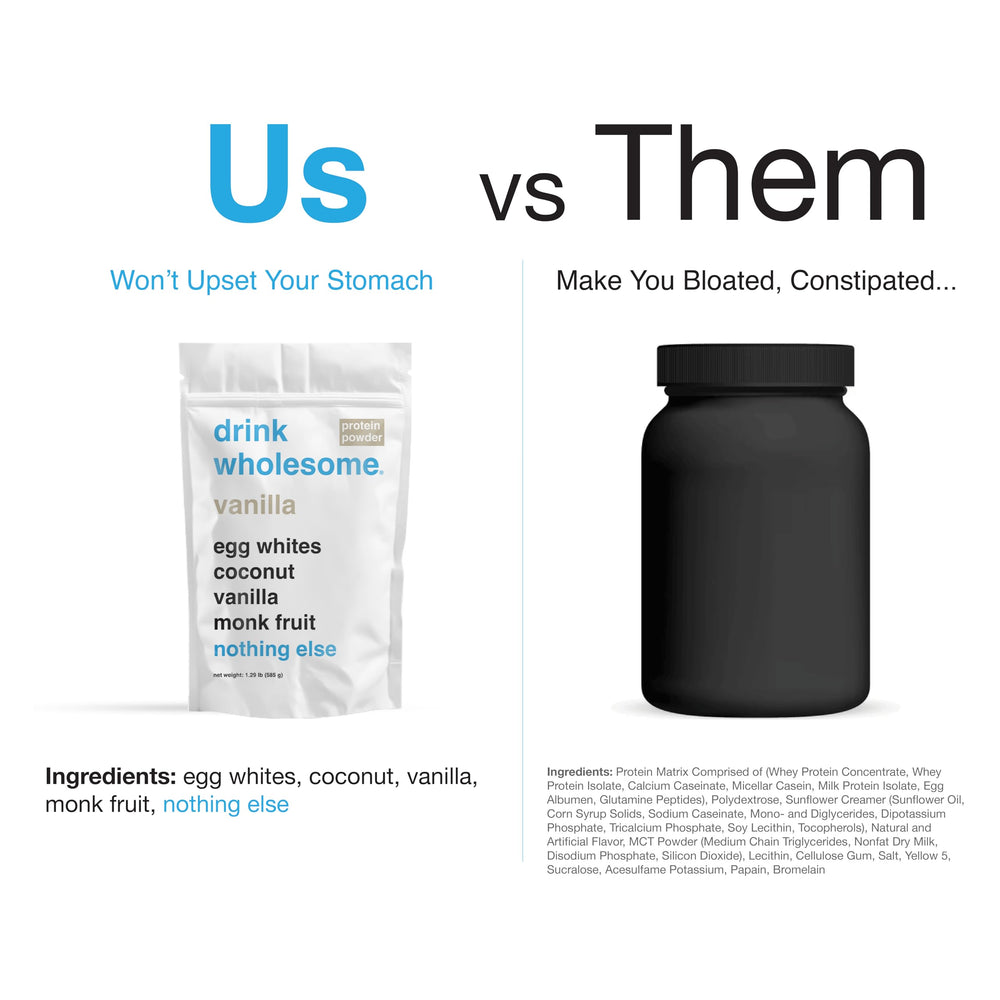Drink Wholesome label shows gluten-free and dairy-free benefits.