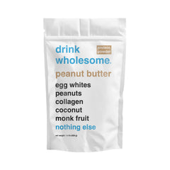 Drink Wholesome peanut butter egg white protein powder canister on counter for easy digestion.