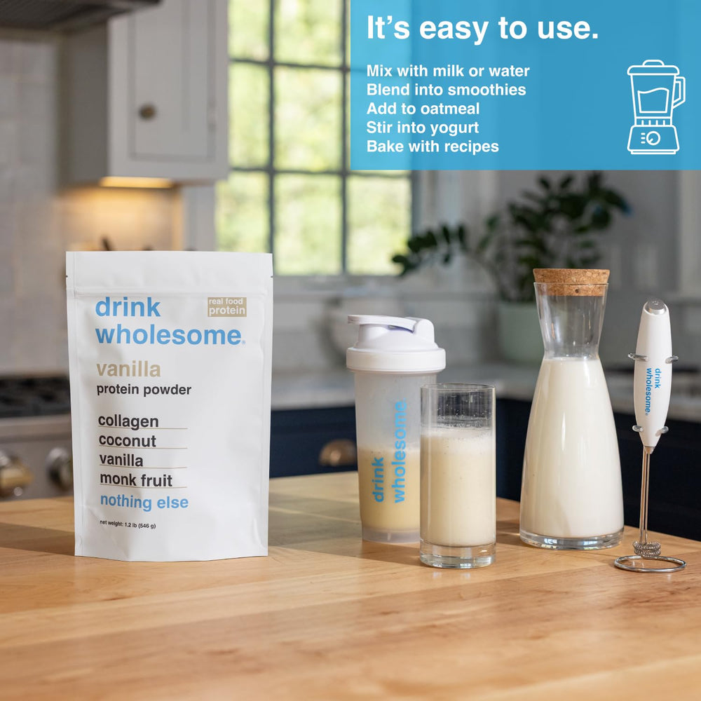Drink Wholesome Vanilla Collagen Powder Jar with minimal ingredients and gluten-free, dairy-free nutrition