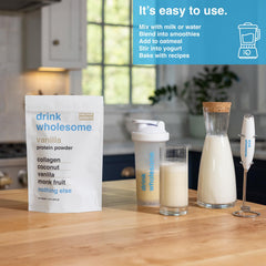 Drink Wholesome Vanilla Collagen Powder Jar with minimal ingredients and gluten-free, dairy-free nutrition